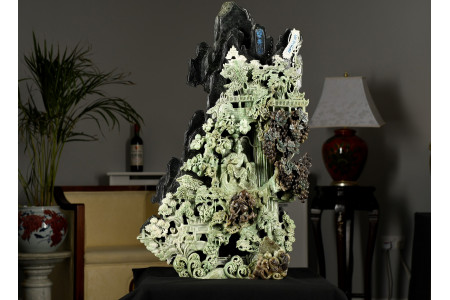 Large Jade Carving of a Temple Scene.