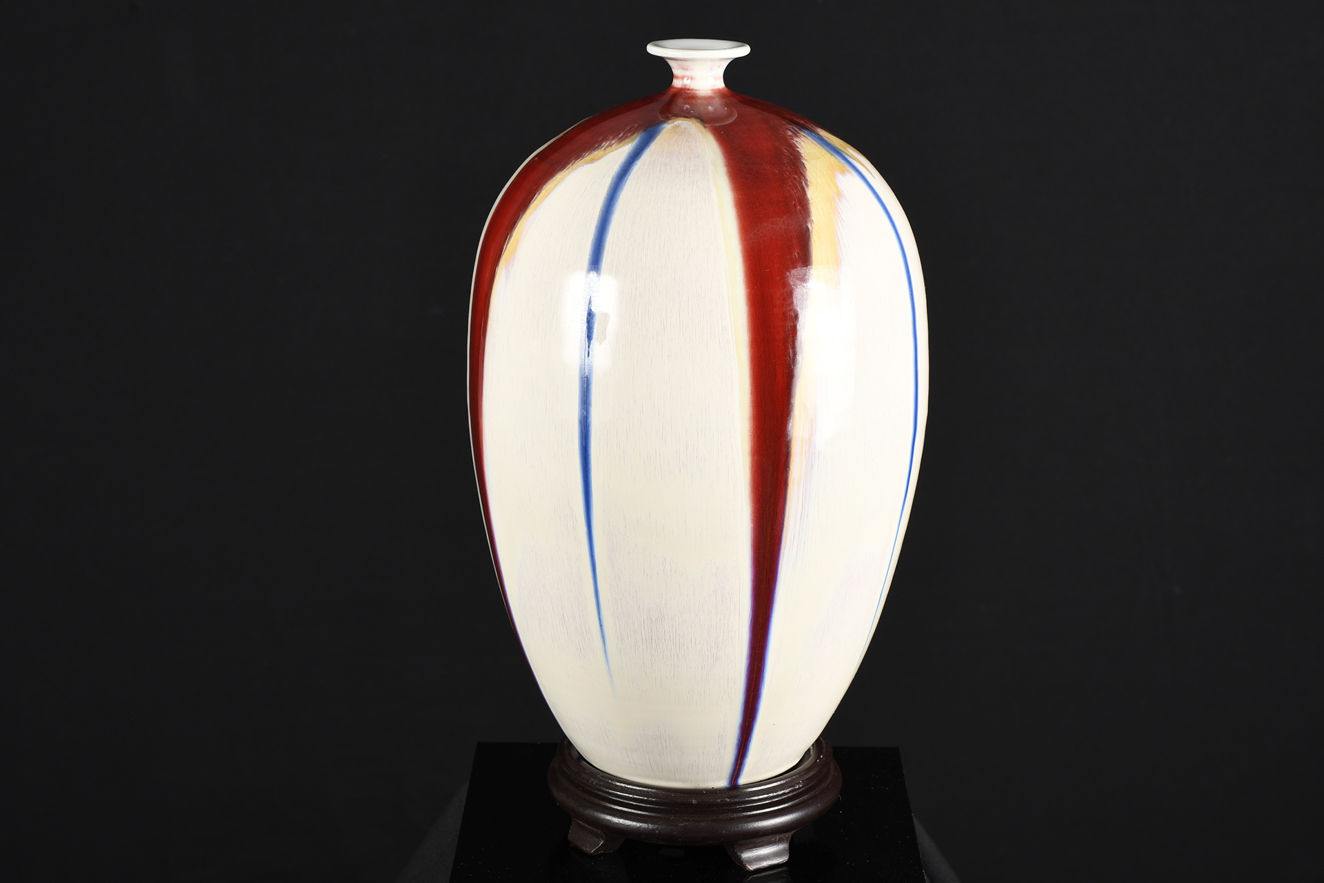 Red, Blue, White Striped Oriental Porcelain Art Vase