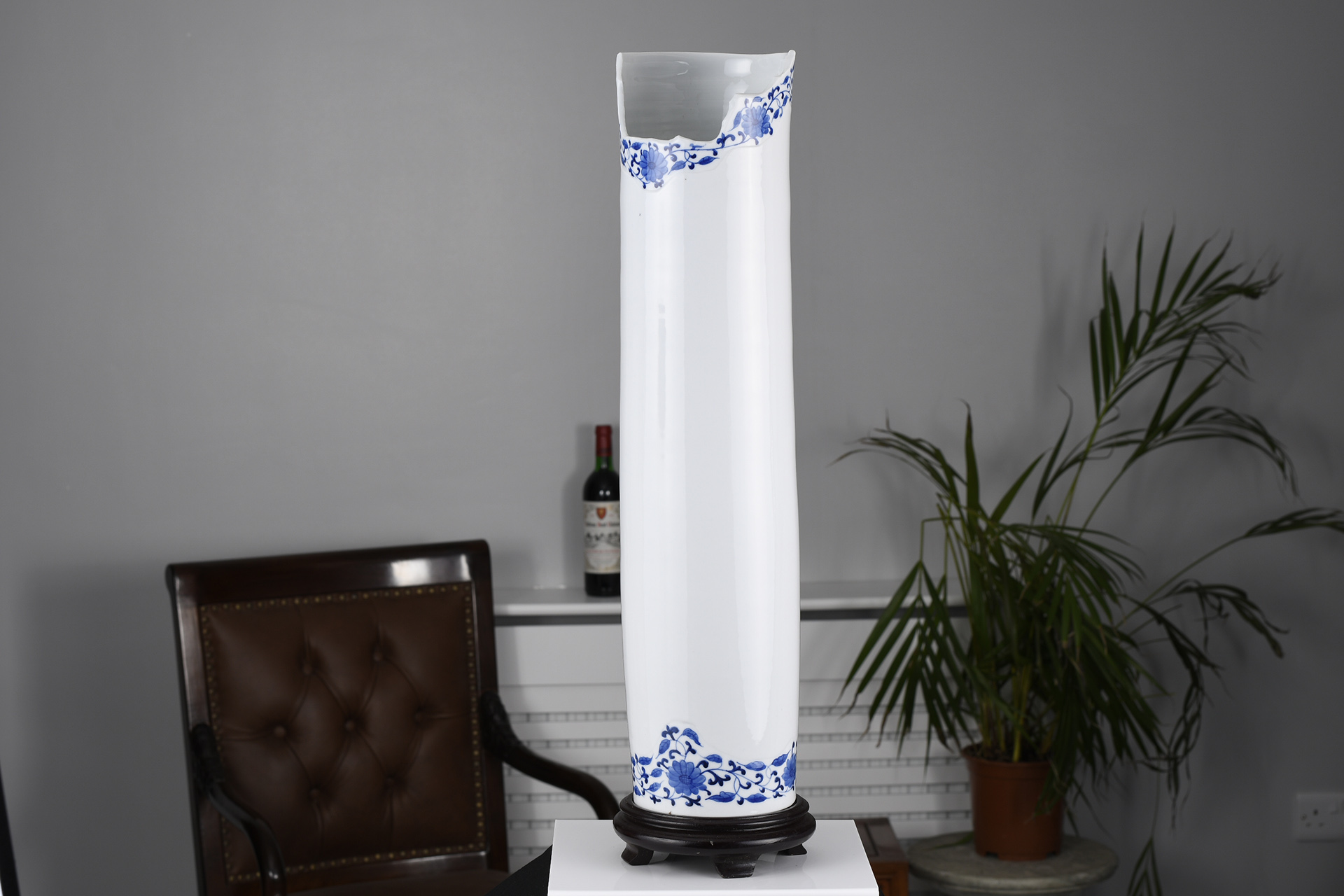 Oriental White Porcelain Vase with Cutaway Art Design