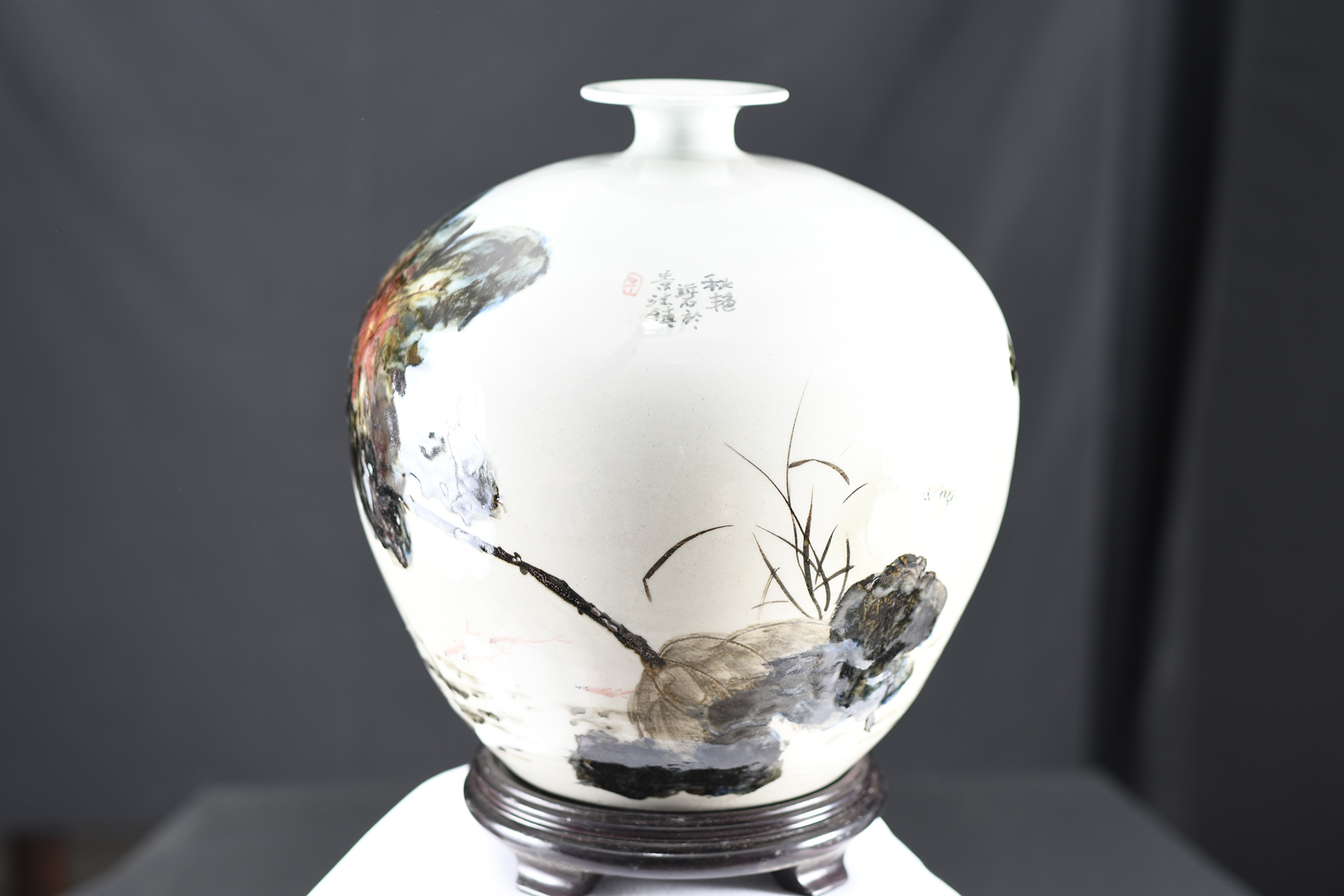 Large Hand Made White Porcelain Floral Vase with Base
