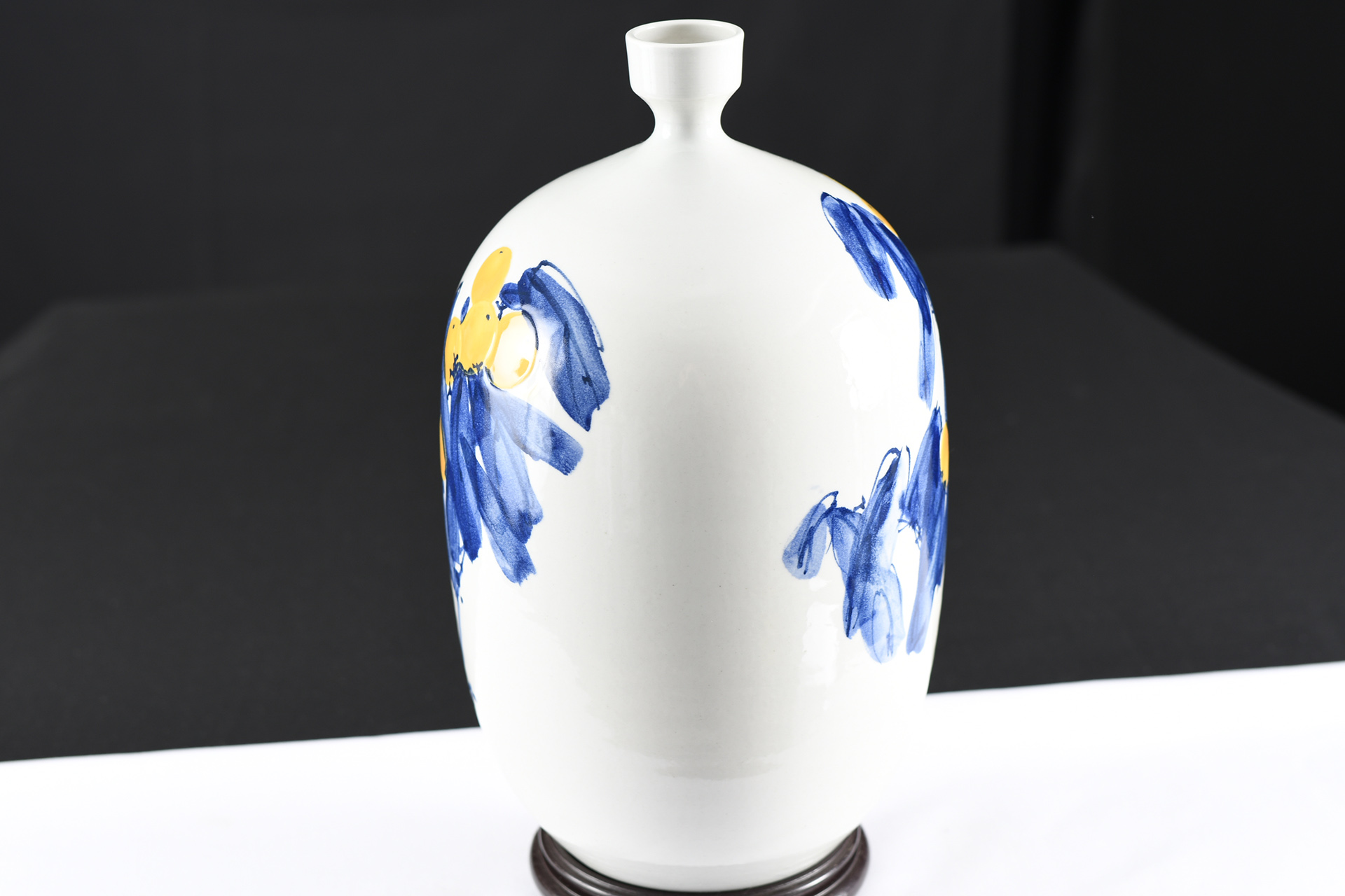 White Porcelain Vase with Hand Painted Yellow and Blue Floral Design