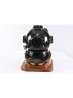 Large 20" Divers Helmet on Wood Base with Brass Fittings.