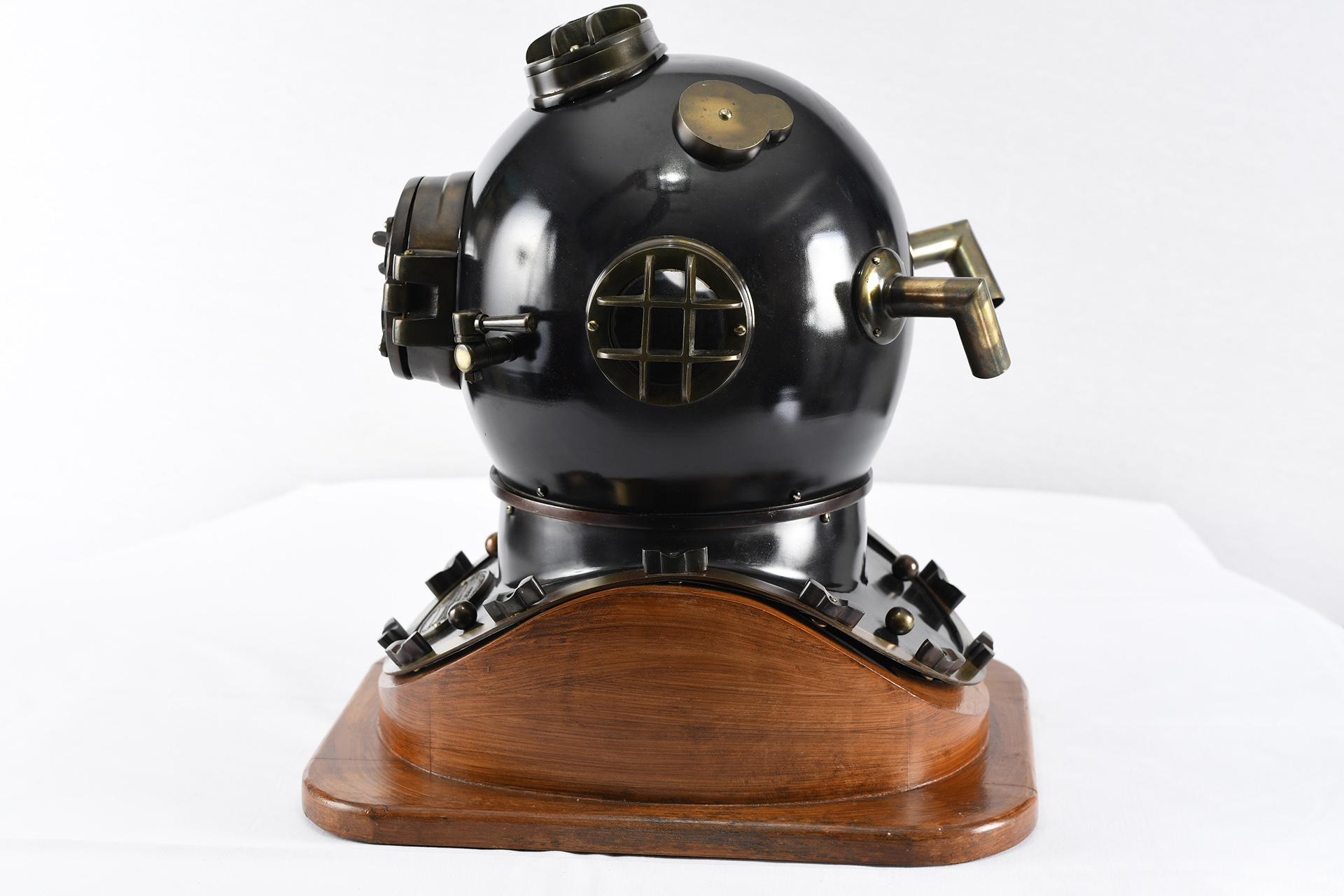 Large 20" Divers Helmet on Wood Base with Brass Fittings.