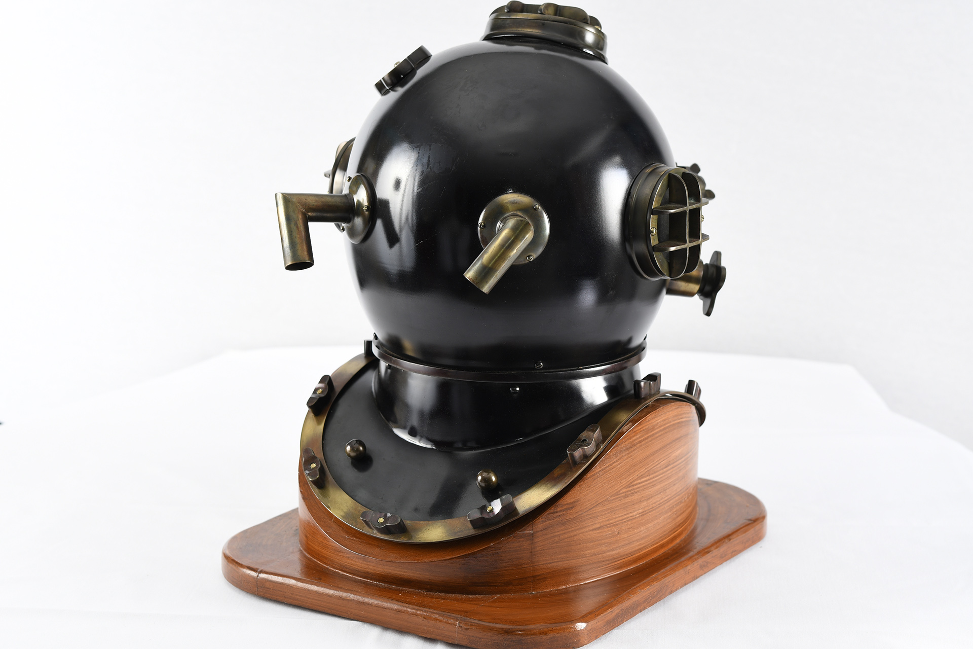 Large 20" Divers Helmet on Wood Base with Brass Fittings.