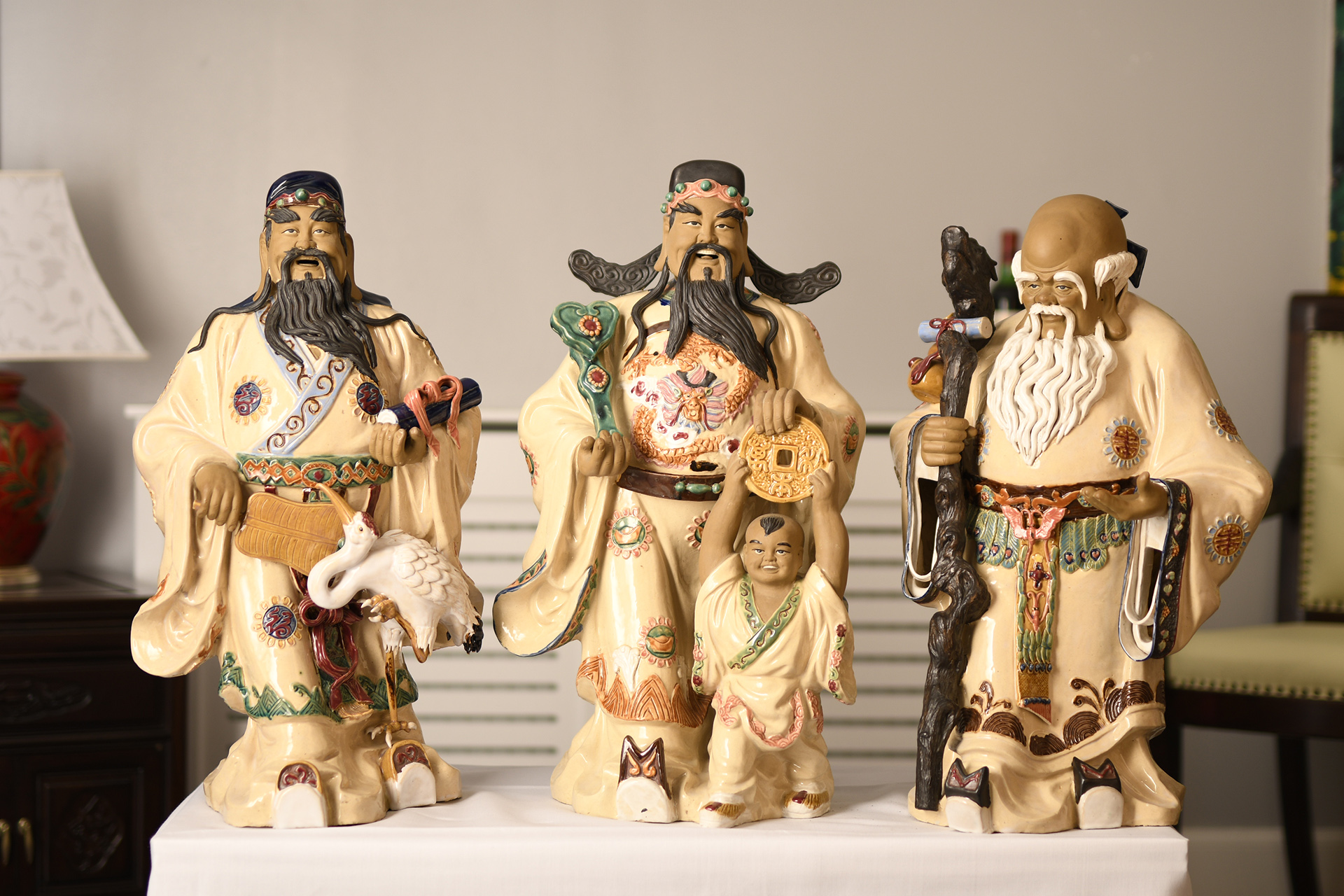 Large Set of 3 Hand Made Porcelian Gods