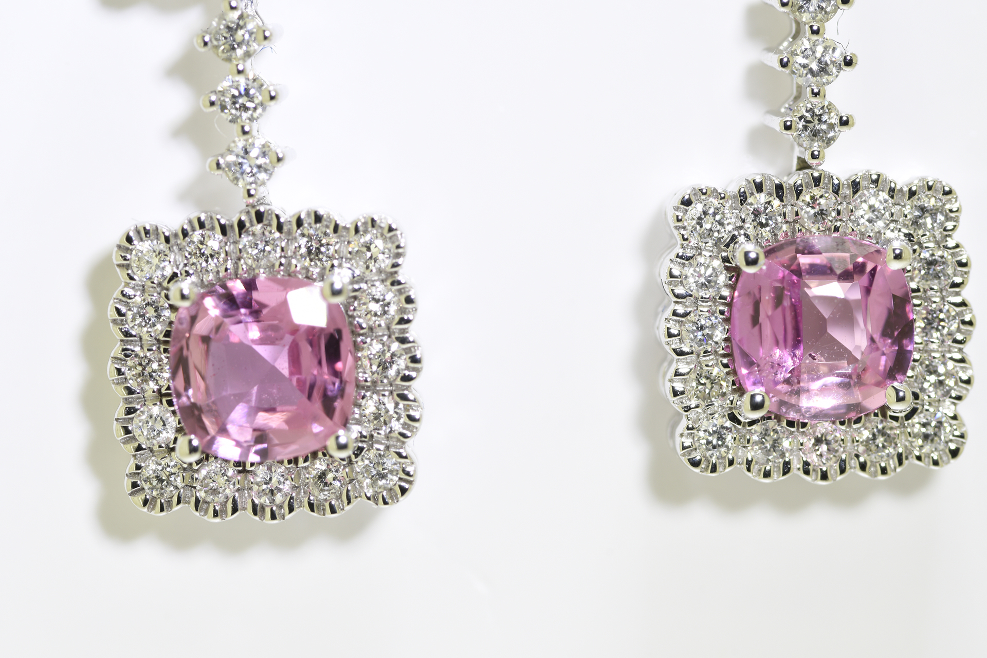 Pink Sapphire & Diamond earrings set in 18 carat white gold.
