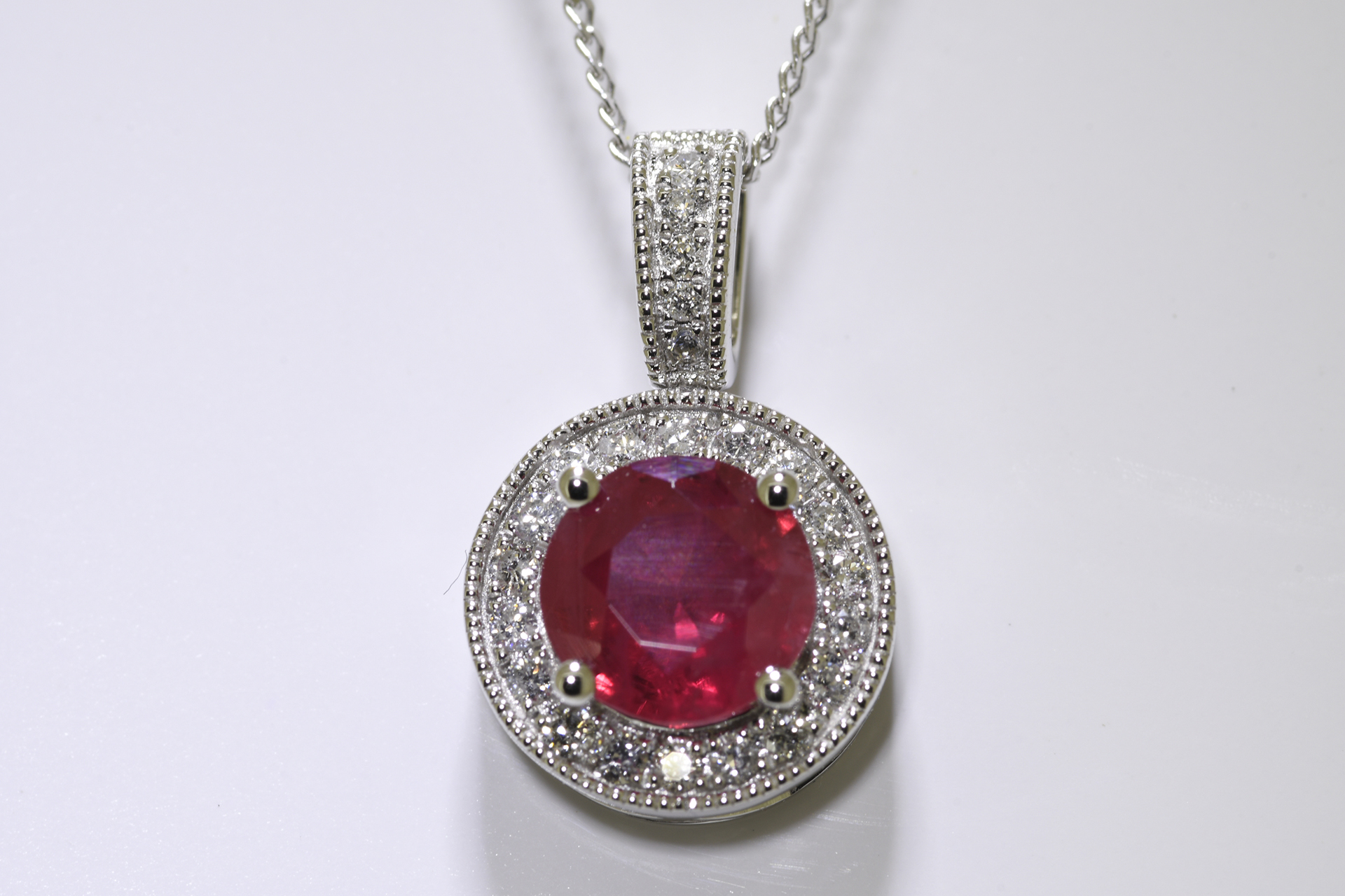 Ruby & Diamond Pendant set in 18 carat white gold