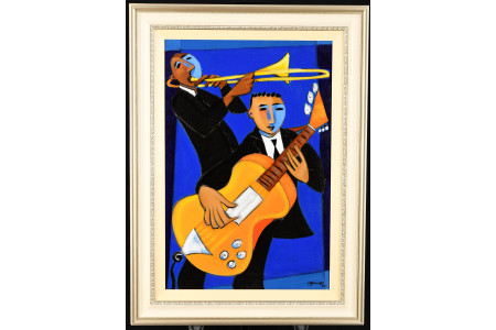 Marsha Hammel Oil on Canvas "Indigo Jazz - Bone & Guitar"