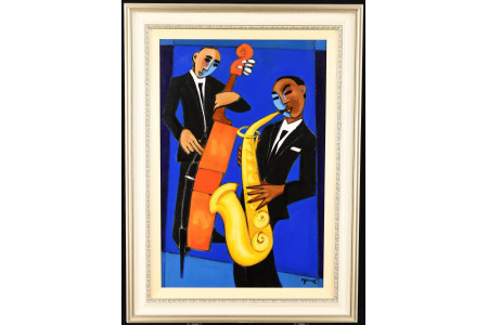 Marsha Hammel Oil on Canvas "Indigo Jazz - Bass & Sax"